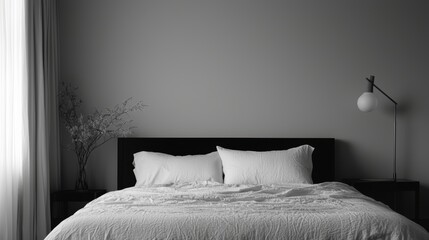 Serene monochromatic bedroom scene with rumpled bedding modern lamp and soft natural light coming through curtains