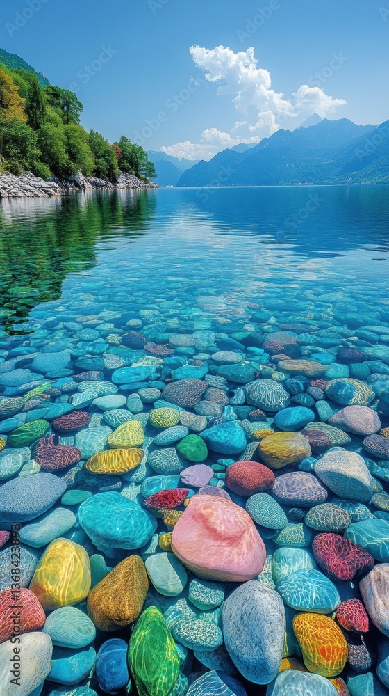 Poster clear lake with colorful glass beads and distant mountains under a bright sky generative ai