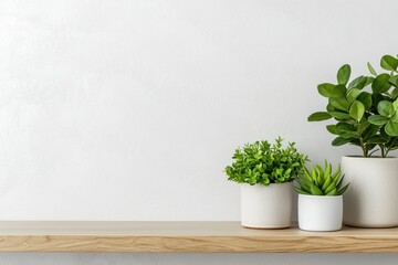 Fototapeta premium Serene indoor display of potted greenery against a textured wall background wood surface shelf
