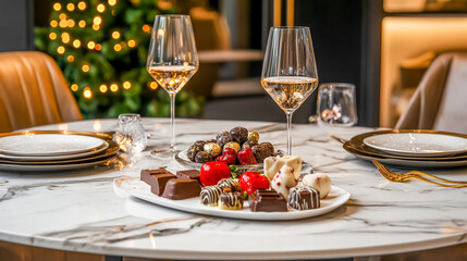 A luxurious marble table adorned with an exquisite selection of gourmet chocolates