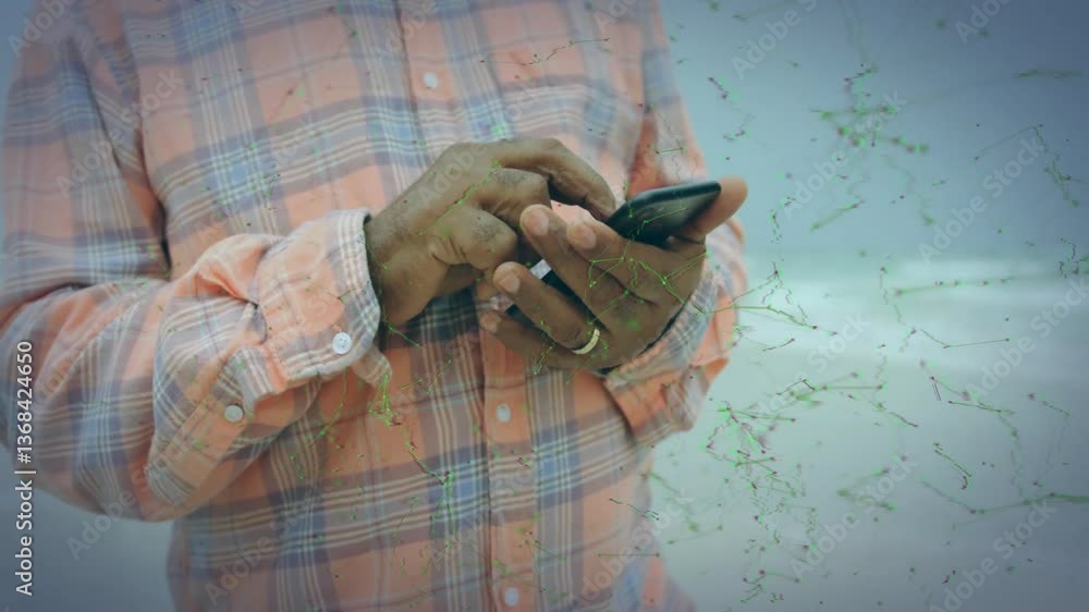 Poster using smartphone, person viewing animation of digital network connections in school