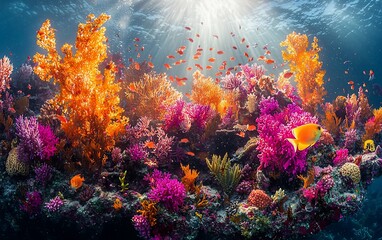Vibrant coral reef, underwater scene, sunlight, fish