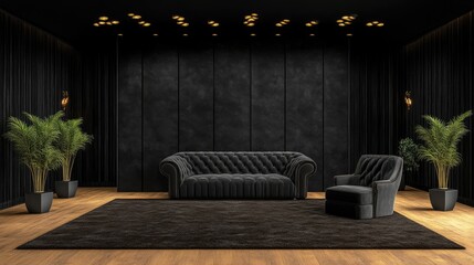 Dark, luxurious living room with plush seating and dramatic walls