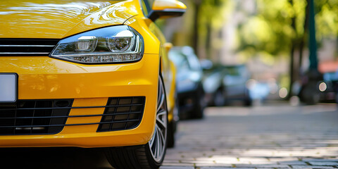 Fototapeta premium An artistic close-up shot of a shiny yellow car capturing its curves and attention to detail.