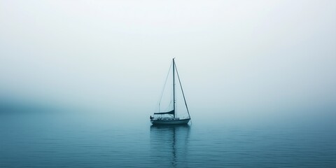 A serene sailboat gently floating on a tranquil misty surface, reflecting peace and solitude in nature.