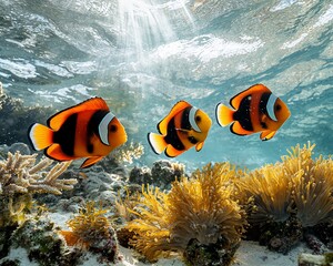 Three fish swim in coral reef, sunlight shines from above, ocean background