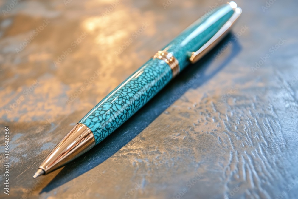 Poster elegant turquoise pen resting on a textured table surface adding a touch of sophistication to the wo