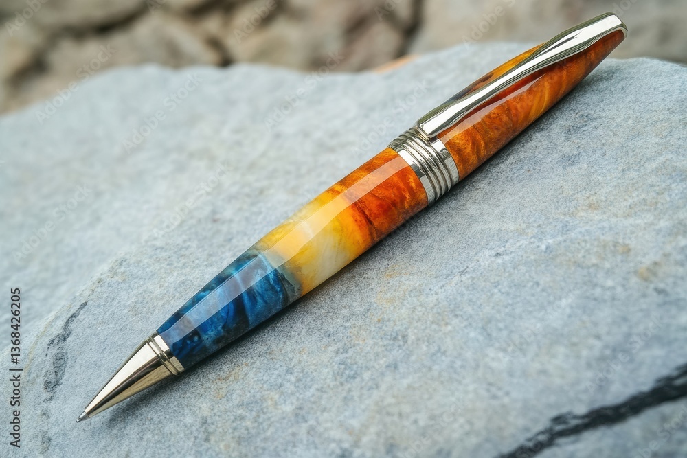 Poster elegant pen resting on a textured stone surface, showcasing intricate design and vibrant colors duri