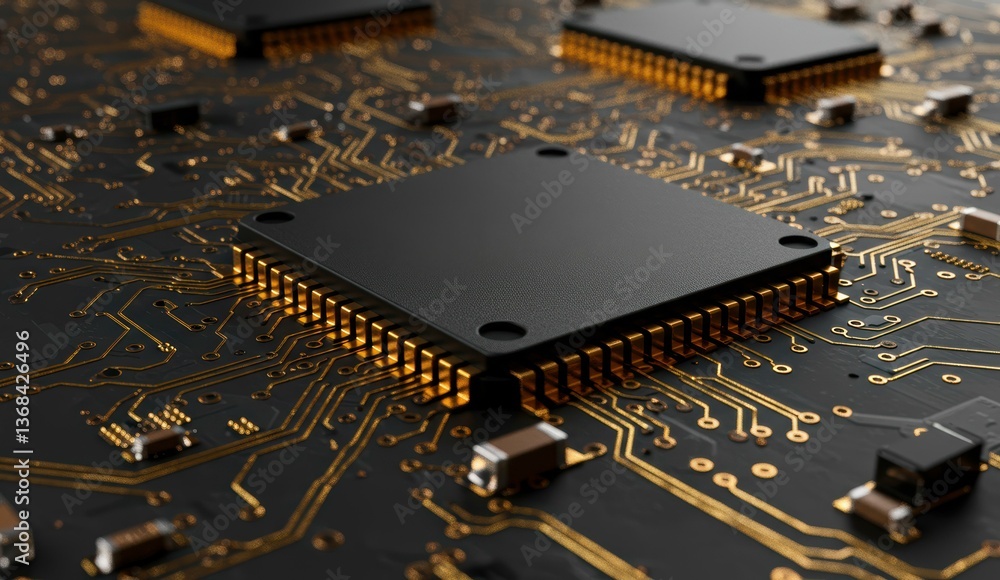 Poster close-up of a circuit board displaying microchips with gold traces. represents advancement in techno