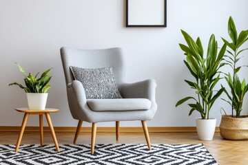 Serene gray armchair a cozy pillow against white wall and indoor plants on stylish modern rug