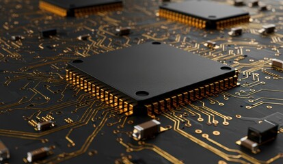 Close-up of a circuit board displaying microchips with gold traces. Represents advancement in technology and innovation.