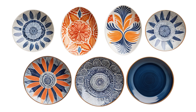 Decorative ceramic plates with artistic designs colorful patterns PNG Image