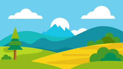 Beautiful landscape vector illustration of mountains, forests, fields and meadows. Stunning panoramic farm landscape with mountains in the background. Natural landscape