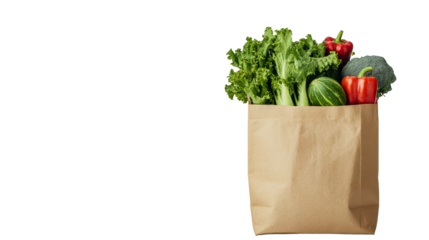 Paper bag filled with fresh vegetables on a black background, cut out transparent