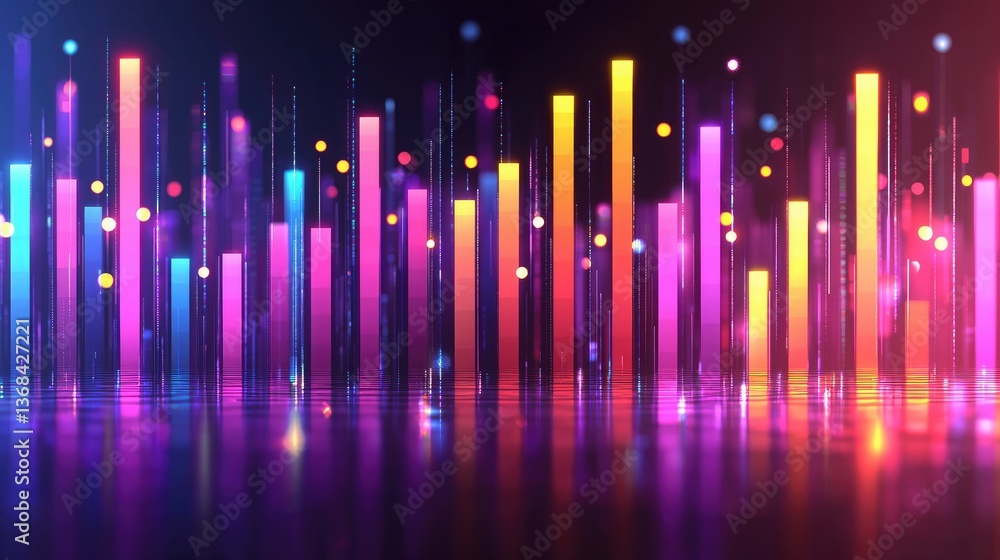 Poster colorful abstract sound waves with vibrant bars and glowing dots creating a dynamic digital landscap