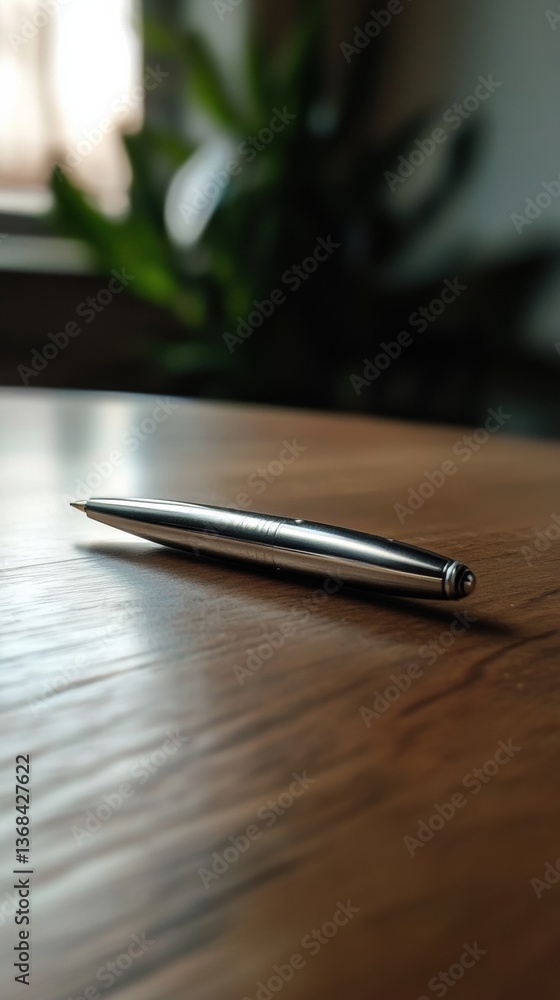 Poster silver pen rests on a wooden table in a softly lit room with plants in the background during a quiet
