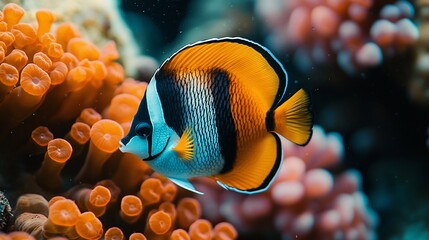 Masked butterflyfish swims near coral reef