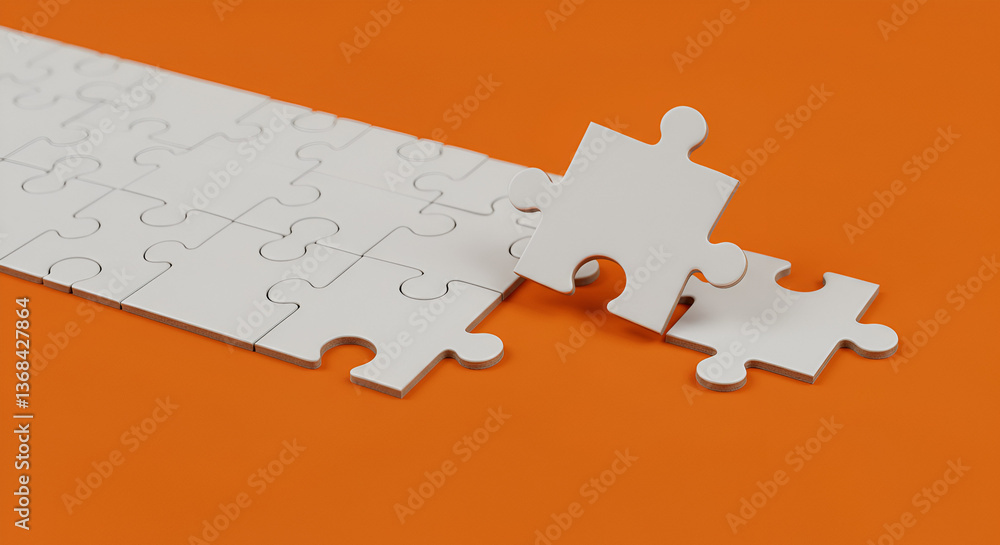 Poster elevated view of white jigsaw puzzle with one piece separated on orange background symbolizing probl