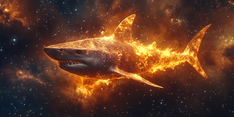 Obraz premium Celestial Shark Made of Stardust Swimming Through the Galaxy Background for Fantasy Art, Cosmic Designs, or Surreal Illustrations