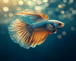 Golden betta fish swimming, bokeh background, aquatic pet, nature photography