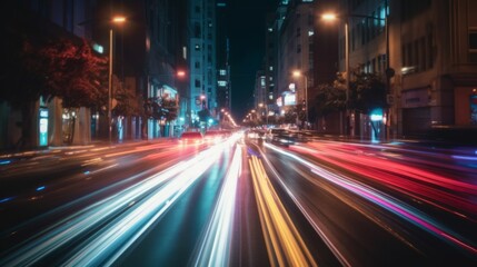 Fototapeta premium Dynamic city street with vibrant light trails.