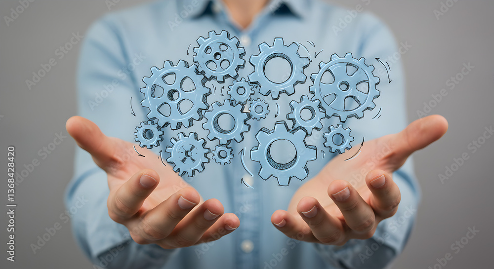 Poster gears floating above open hands representing technology and engineering solutions in digital blue to