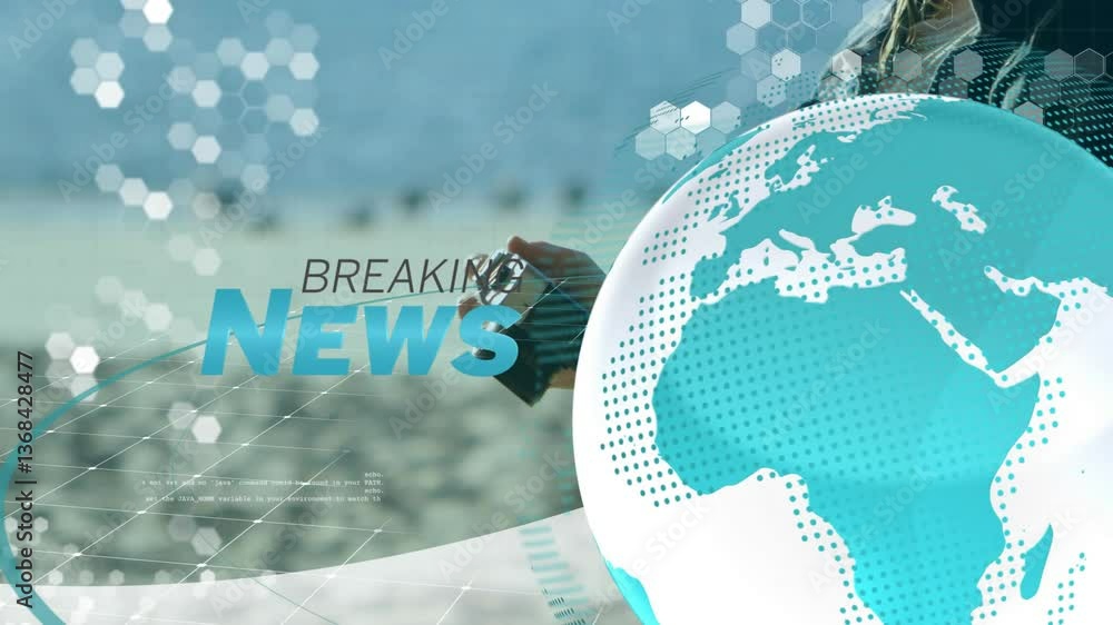 Poster breaking news animation with globe and digital elements over blurred background