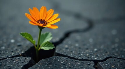 A resilient orange blossom bravely emerges from a fractured surface, symbolizing strength, hope, and perseverance in the face of adversity.