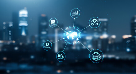 Global Network Connection Over Dark Blue Cityscape Background At Night