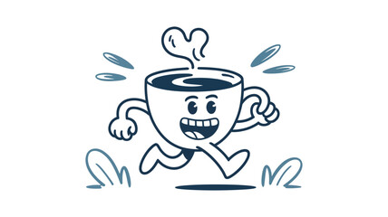 Caffeine Rush: A cartoon cup of coffee with a cheerful expression dashes through a whimsical scene, symbolizing the energetic boost of a morning brew.