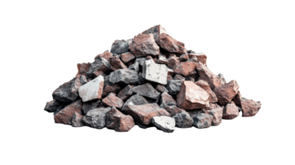 Heap of building broken red bricks and gray stones, cut out transparent