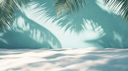 Summer Product Background with Palm Leaves Shadow on Turquoise Wall and White Sand for Tropical Design, Cosmetic Mockup, Vacation Poster, Minimal Template, Spa Promotion, and Beach Advertisement