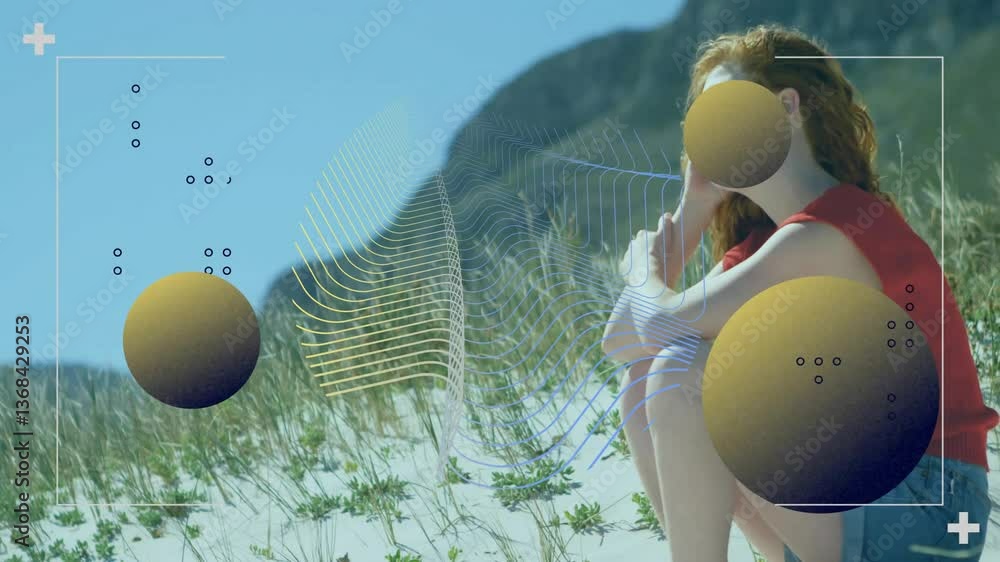 Poster woman sitting on beach with abstract shapes and lines overlay animation
