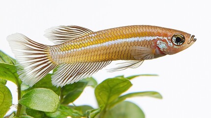 Golden fish swimming, aquatic plant, white background; aquarium pet