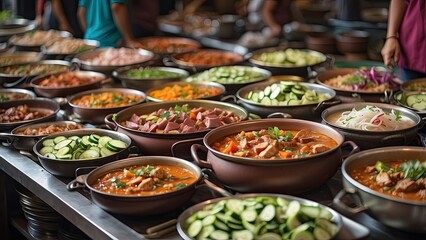 Obraz premium A vibrant display of various stews and dishes in large metal pots at a bustling food market.