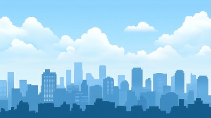 Cartoon City Skyline under a Cloudy Sky with Blue Hues for Illustration Design