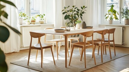 Airy sunlit dining room with modern wooden furniture plants and light oak table chairs for home interior
