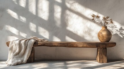 Obraz premium Rustic Still Life Bench Featuring Decorative Vase with Dried Flora Amidst Sunlight and Soft Blanket
