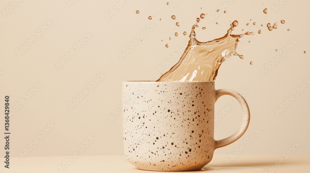 Poster stylish mug shot capturing tea splashing in beige color tone with fluid motion and elegant simplicit
