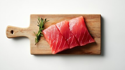 A fresh piece of raw tuna beautifully arranged on a wooden cutting board, accompanied by delicate rosemary sprigs, suggesting high-quality gourmet preparation.