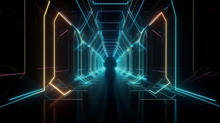 Futuristic corridor with neon lights effects.