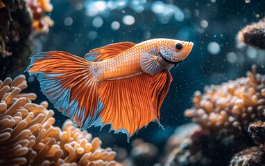 Orange betta fish swimming in aquarium, coral background, pet, hobby