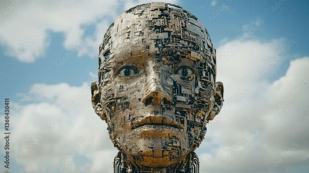 Poster futuristic ai model with circuitry design against a clear sky background