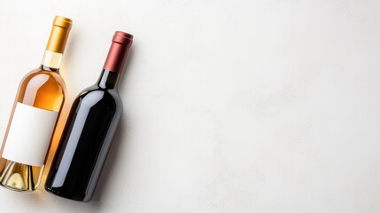 An elegant pairing of two wine bottles, one white and one red, sit gracefully on a light neutral background, perfect for showcasing fine wines or wine-related themes.
