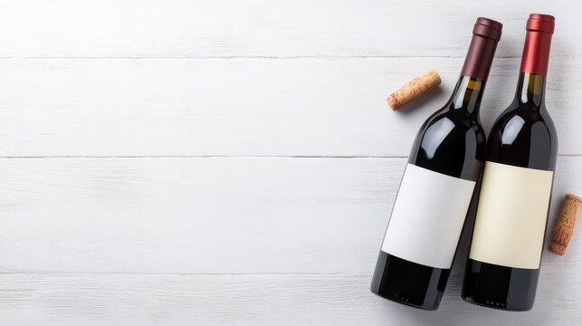 Two exquisite red wine bottles, beautifully positioned on a white wooden surface, alongside corks, create a warm and inviting image perfect for wine enthusiasts and collectors.
