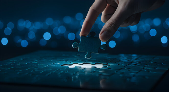 Hand Placing Puzzle Piece into Jigsaw on Dark Blue Bokeh Background