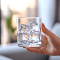 Hand holding water glass with ice cubes, blurred living room background