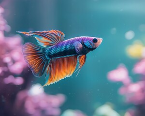 Colorful betta fish swimming aquarium, blurred pink background, pet hobby