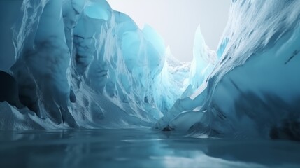 Glacial landscape with icy blue formations.