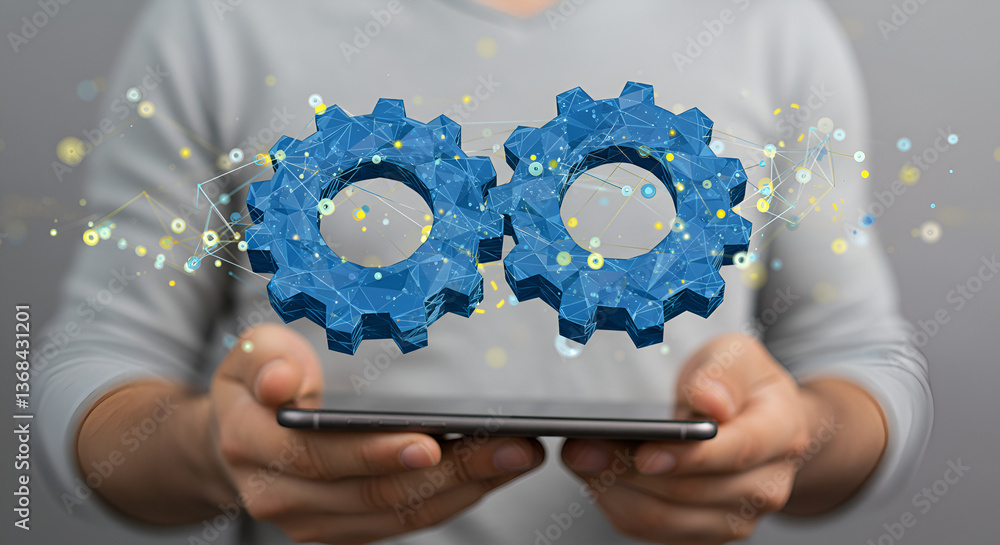 Aufkleber hands holding blue gears representing digital connection and technological automation concept